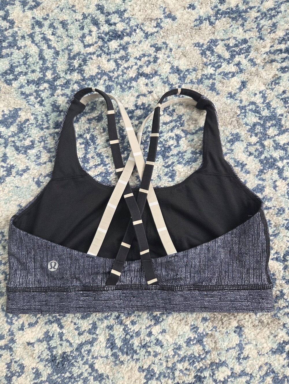 Lululemon Energy Bra Size 8 Navy Blue Tan Beige Striped Criss Cross Strappy